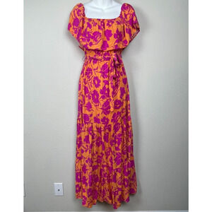 Flying Tomato Boho Maxi Dress M Off Shoulder‎ Belted Orange Pink Floral